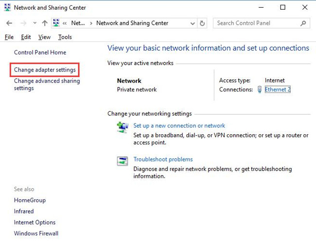 change adapter settings in network and sharing center