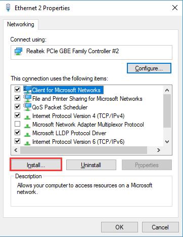 install in ethernet properties