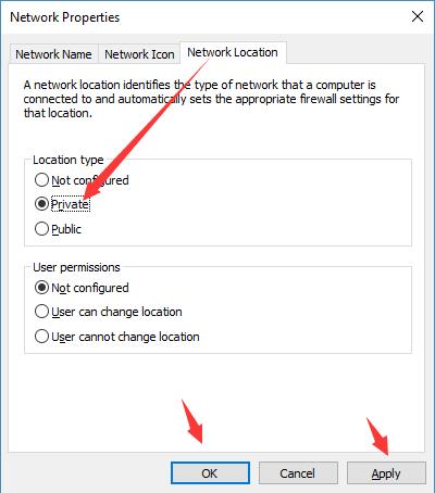 choose private under network location
