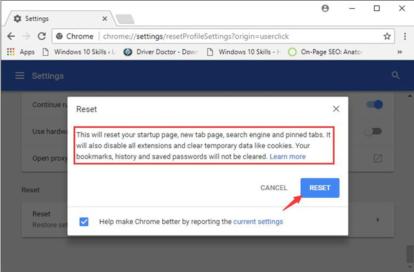 reset google chrome to default