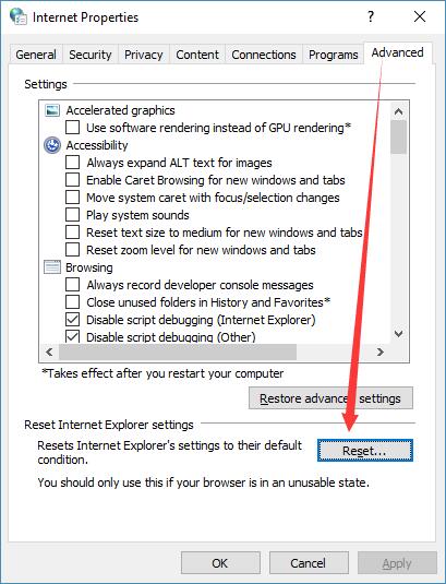 choose to reset internet explorer settings