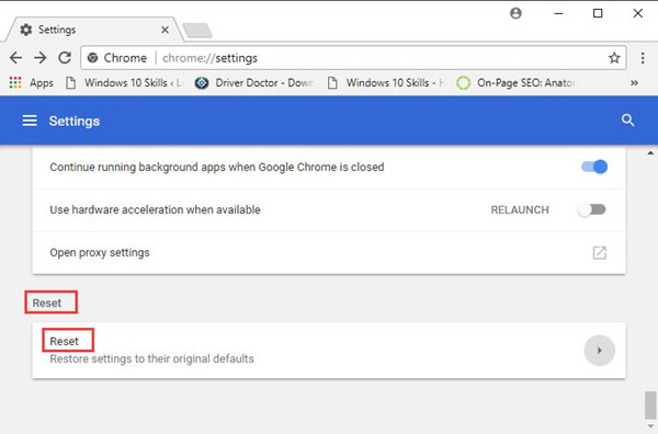 google chrome advanced reset