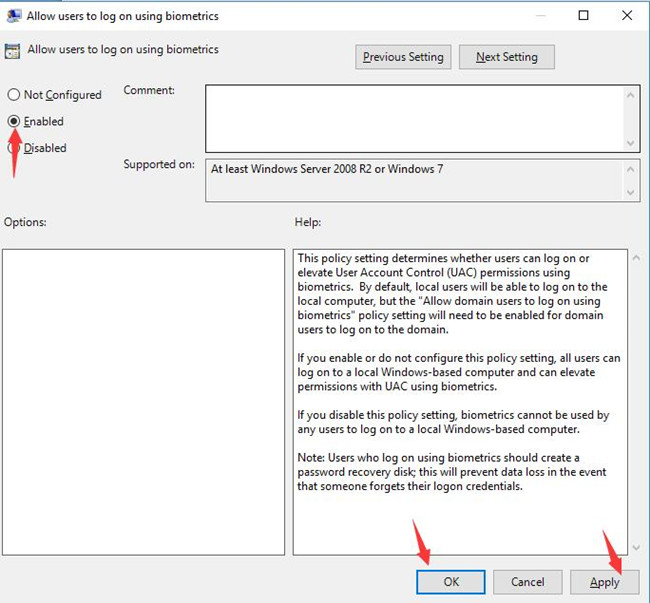 enable for allow users to log on using biometrics