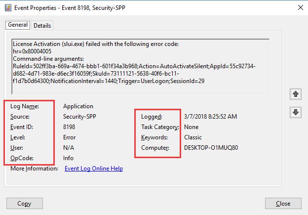 error details in event viewer