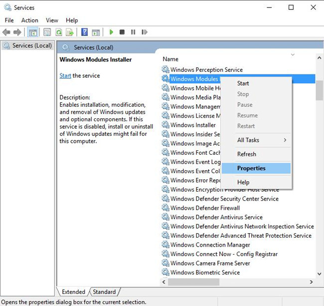 open windows modules installer properties