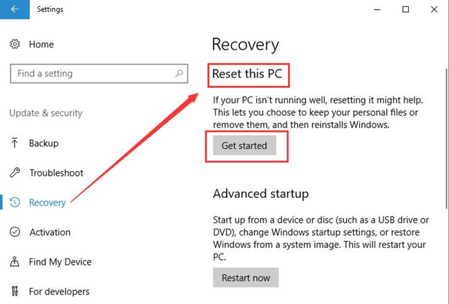 reset this pc get started