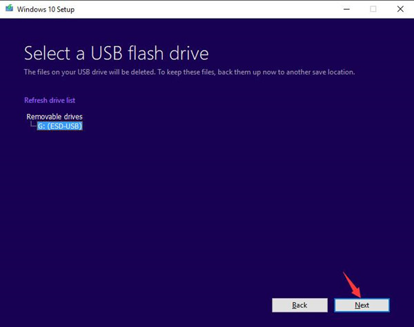 select a usb flash drive and click next