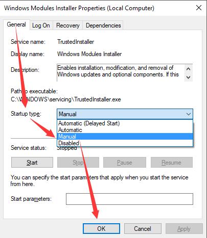 set windows modules installer startup type as manual