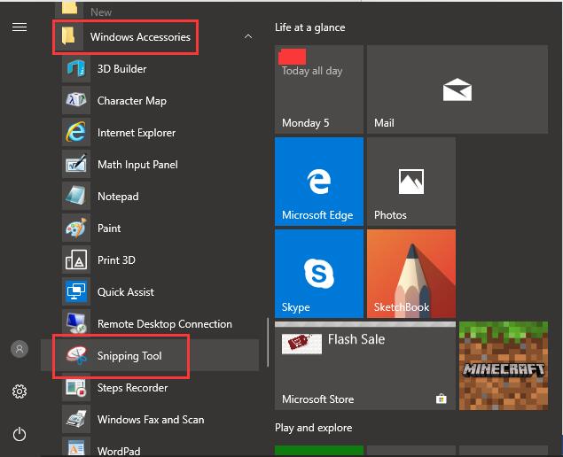 snipping tool under windows accessories