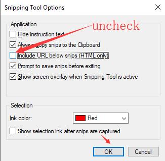 uncheck the box of include url below snips