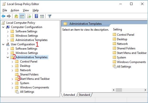 administrative templates choose start menu and taskbar