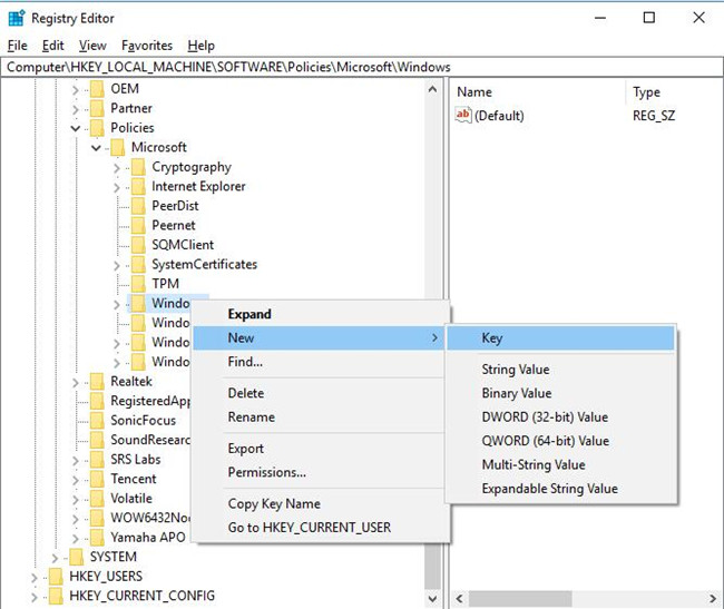 windows new key in registry editor