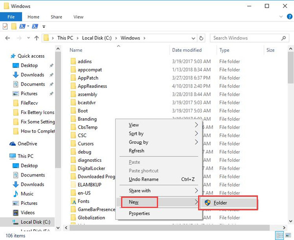 unable to create new folder in windows 10