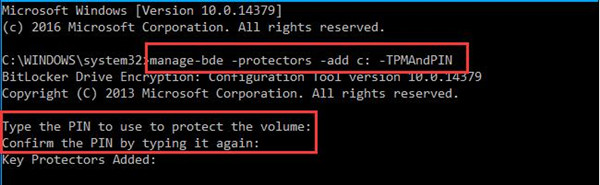 manage bde protectors add tpm and pin in the command prompt
