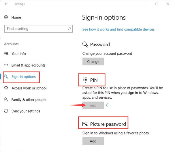 sign in options add pin or picture password