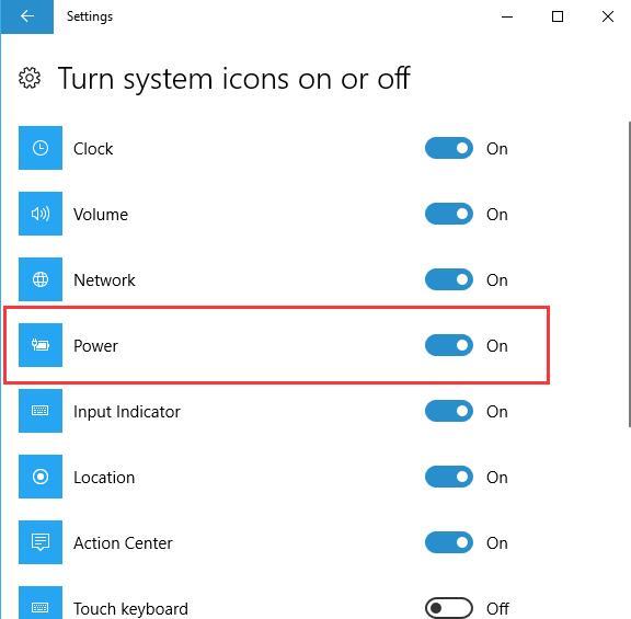 turn power icon on windows 10