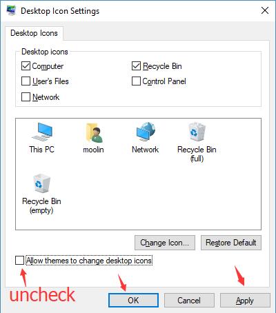 uncheck allow themes to change desktop icons