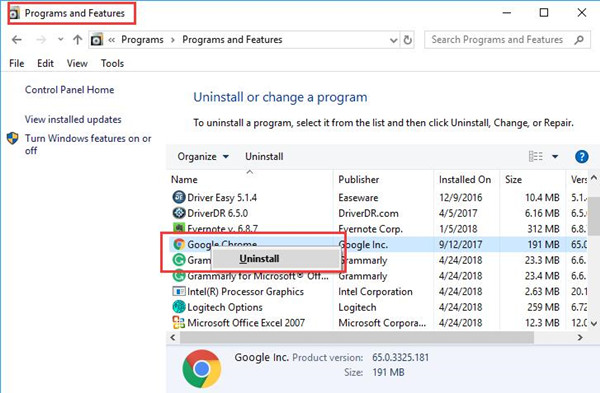 uninstall google chrome in programs and features