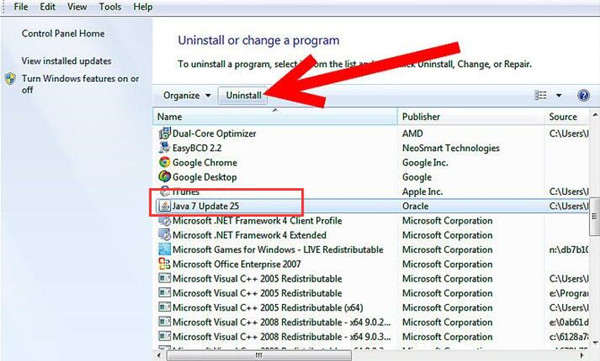 uninstall java in programs and features