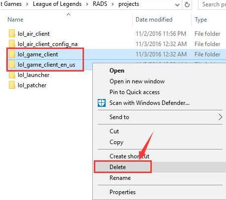 delete lol game client folders