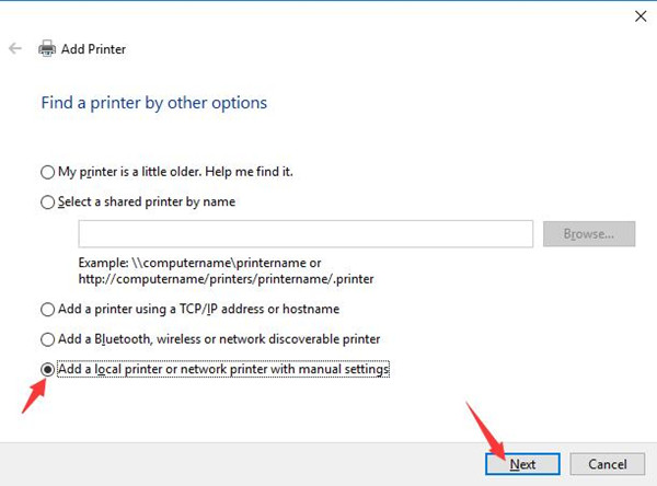 add a local printer or network printer with manual settings
