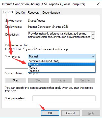 set internet connection sharing as automatic
