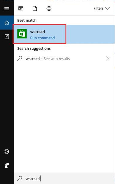 wsreset in start search box