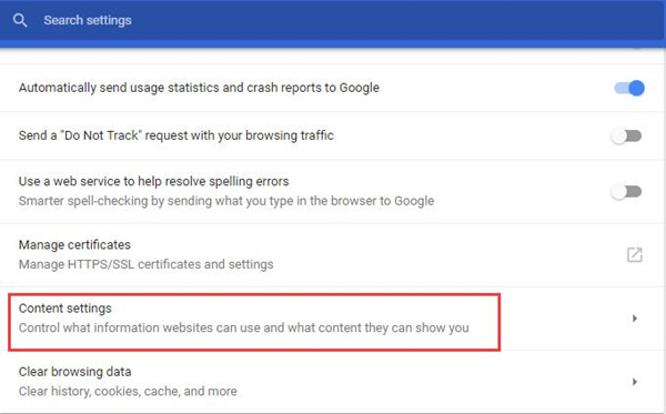 content settings in advanced settings