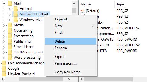 delete microsoft outlook in registry editor