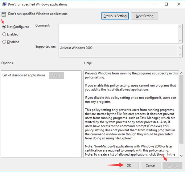 do not run specified windows applications not configured