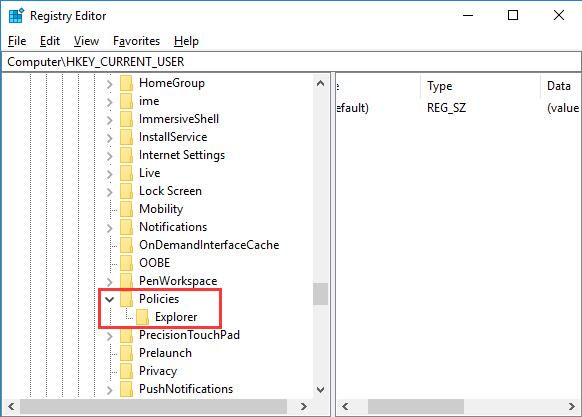 explorer under policies in registry editor