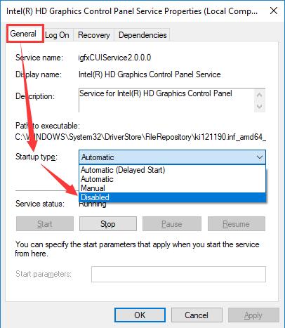 intel hd control panel startup type disabled