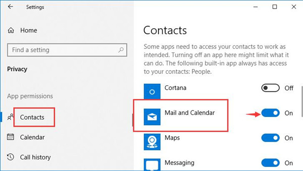 mail calendar under contacts