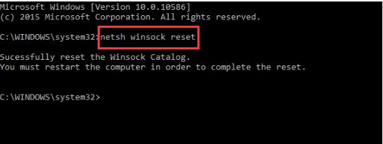 netsh winsock reset in command prompt