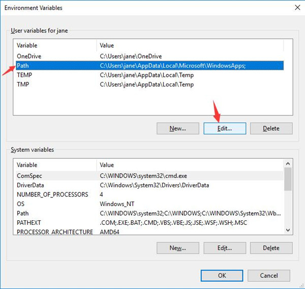 select path in environment variables