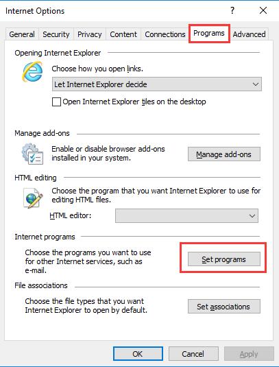 set programs under program in internet option