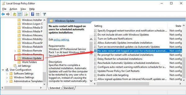 no auto restart with logged on users for scheduled automatic updates installations