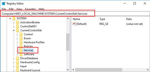 services under system in registry editor