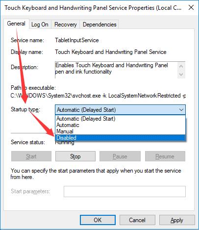 set touch keyboard and hand writing panel service disabled