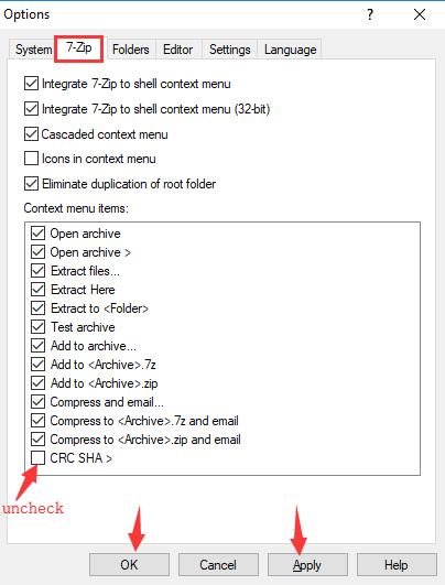 uncheck the box of crc sha