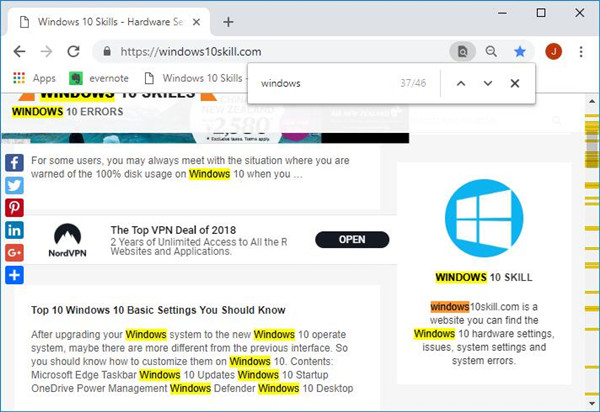 how to search for words on a web page windows 10