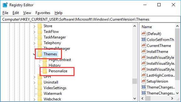 personalize under themes in registry editor