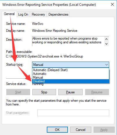 set windows error responding manager as disabled
