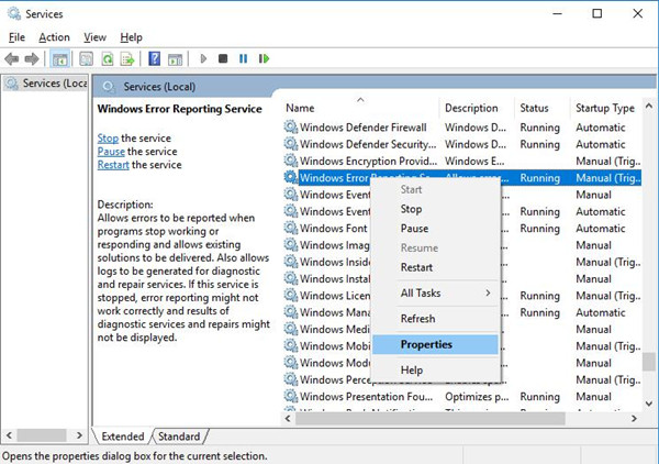 windows error responding manager properties