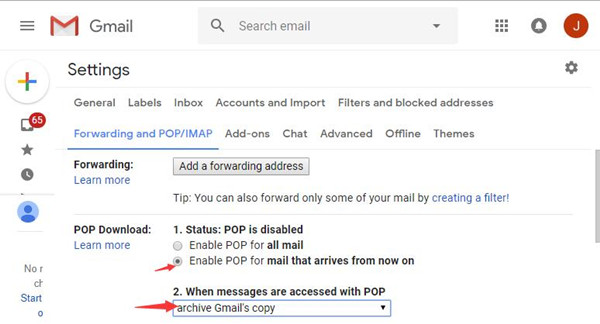 enable pop for mail that arrives from now on