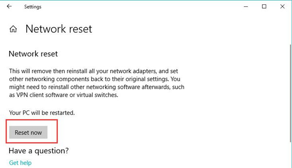 reset windows 10 network