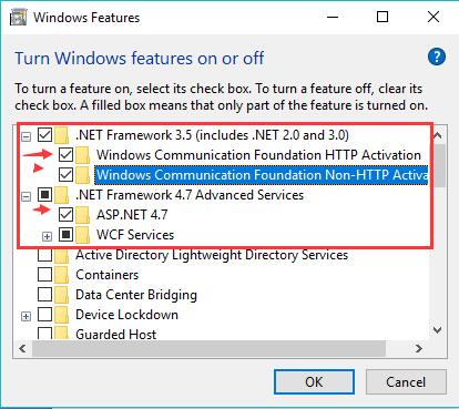 turn off windows feature net framework