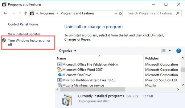 turn windows features on or off
