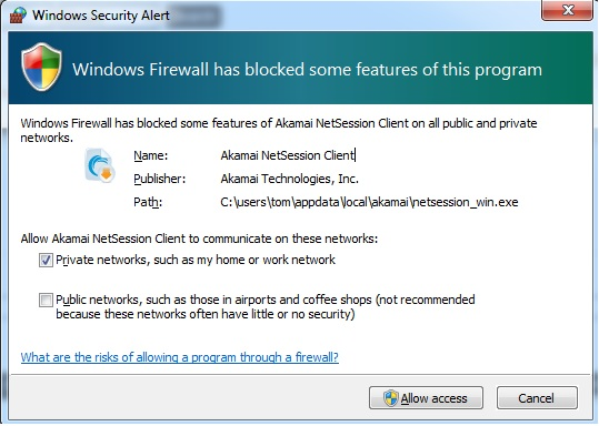 windows firewall blocked some features of akamai hetsession on public and private network