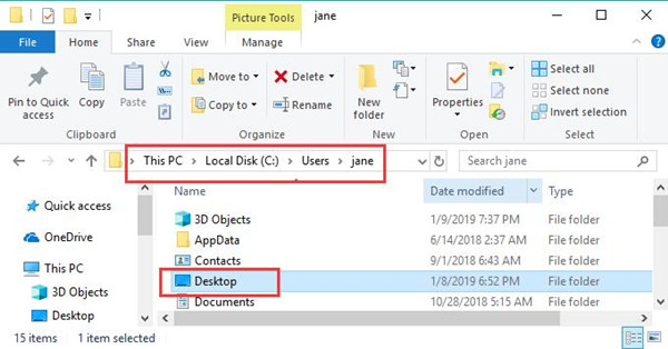 desktop folder in file explorer